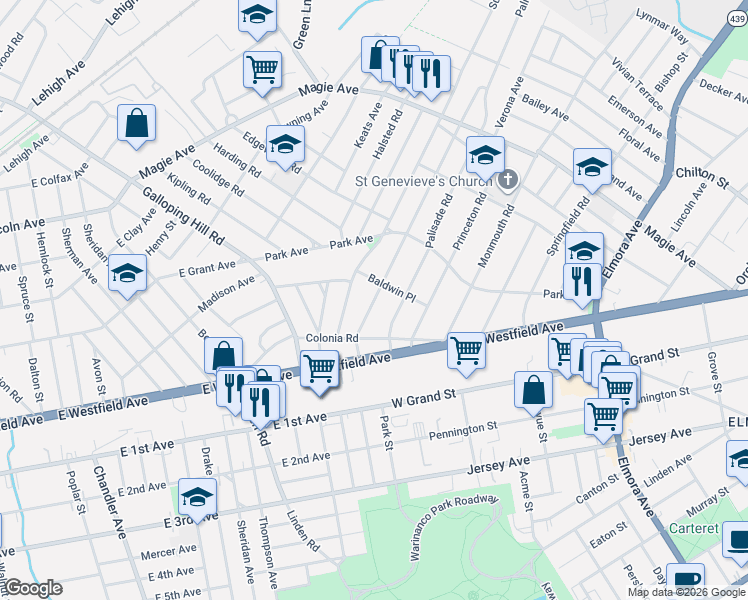 map of restaurants, bars, coffee shops, grocery stores, and more near 40 Hillside Road in Elizabeth
