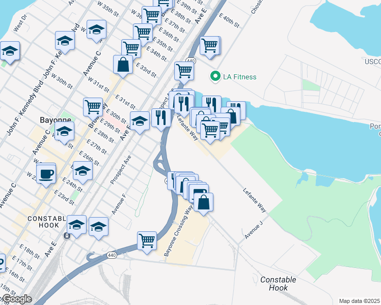 map of restaurants, bars, coffee shops, grocery stores, and more near 99 New Hook Road in Bayonne