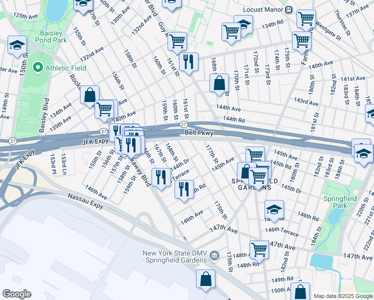 map of restaurants, bars, coffee shops, grocery stores, and more near 144-23 175th Street in Queens