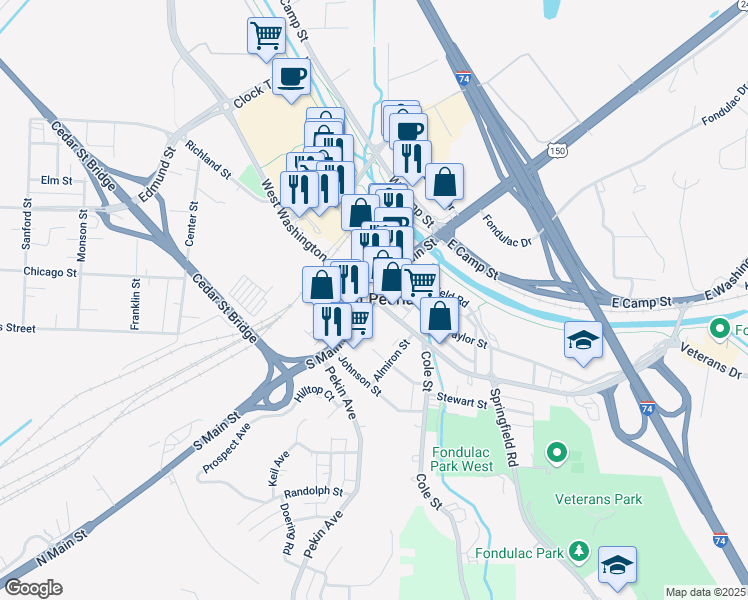 map of restaurants, bars, coffee shops, grocery stores, and more near in East Peoria