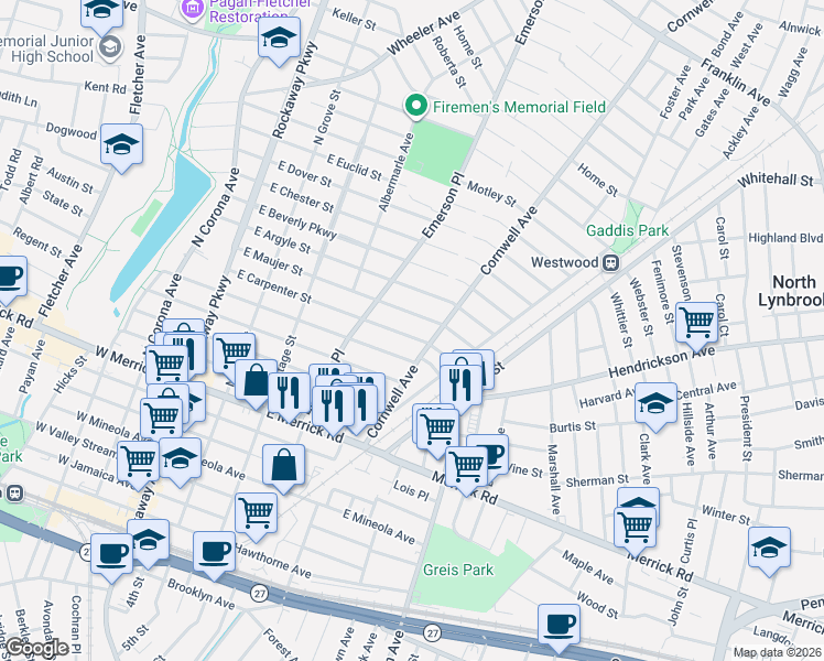 map of restaurants, bars, coffee shops, grocery stores, and more near 188 East Maujer Street in Valley Stream