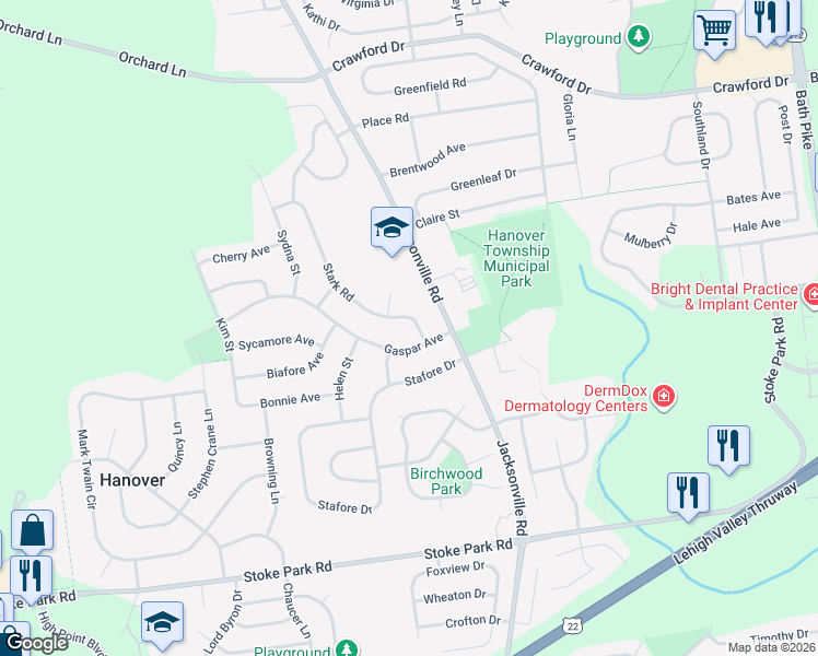 map of restaurants, bars, coffee shops, grocery stores, and more near 1163 Stark Road in Bethlehem