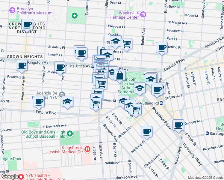 map of restaurants, bars, coffee shops, grocery stores, and more near 1746 President Street in Brooklyn