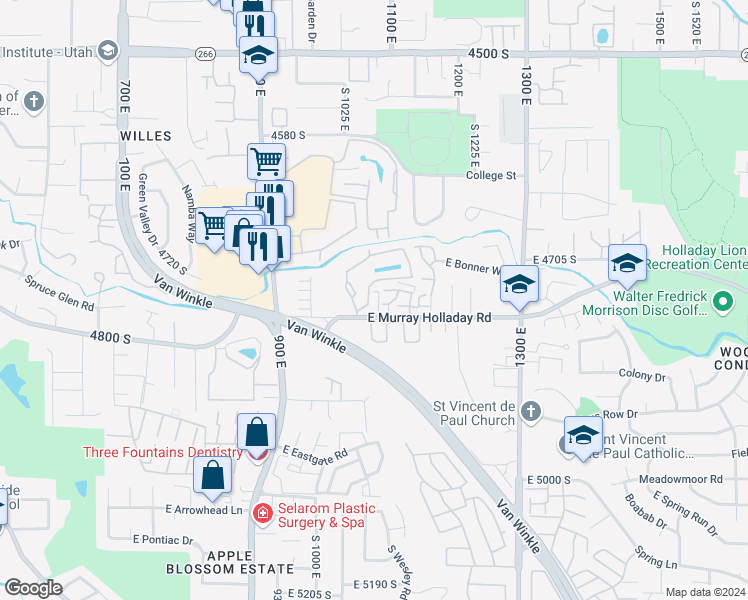 map of restaurants, bars, coffee shops, grocery stores, and more near 4571 Woodduck Lane in Millcreek