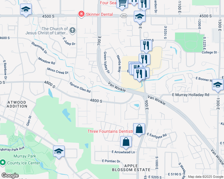 map of restaurants, bars, coffee shops, grocery stores, and more near 4762 South 700 East in Murray