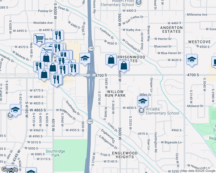 map of restaurants, bars, coffee shops, grocery stores, and more near 4742 South 3685 West in Salt Lake City
