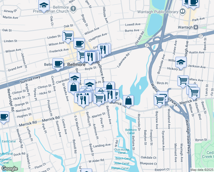 map of restaurants, bars, coffee shops, grocery stores, and more near 403 Marle Place in Bellmore