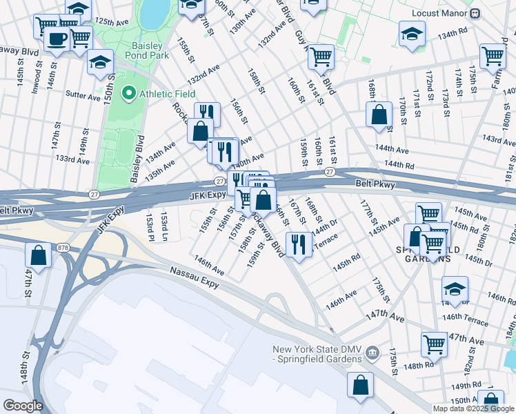 map of restaurants, bars, coffee shops, grocery stores, and more near 165-22 South Conduit Avenue in Queens