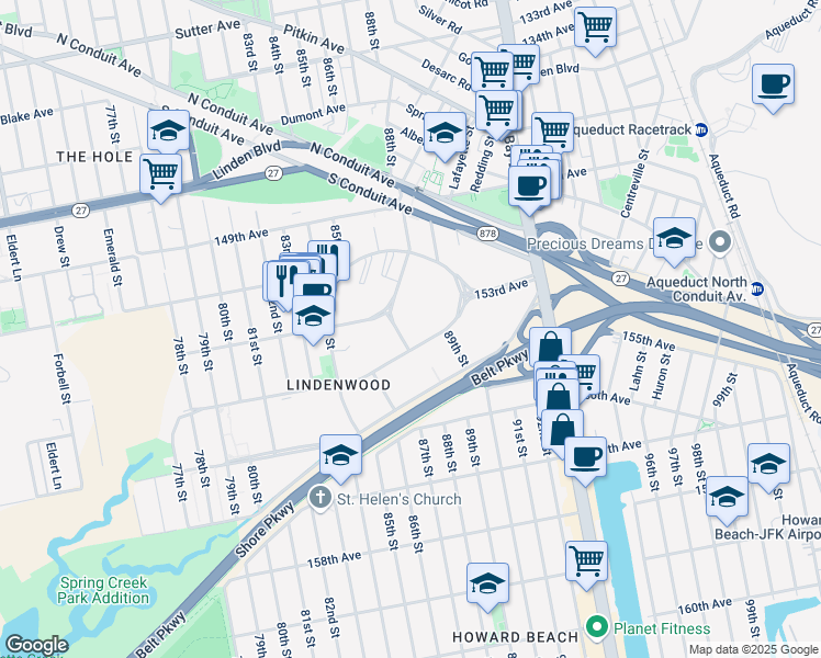 map of restaurants, bars, coffee shops, grocery stores, and more near 25 155th Avenue in Queens