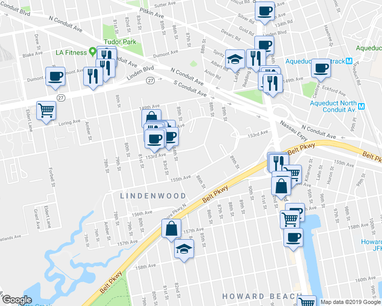 map of restaurants, bars, coffee shops, grocery stores, and more near 84-29 153rd Avenue in Queens