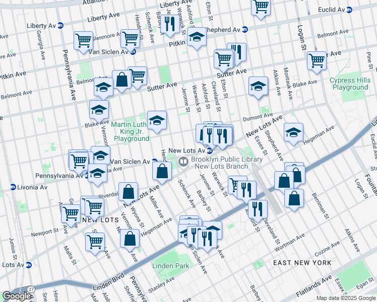 map of restaurants, bars, coffee shops, grocery stores, and more near 651 Barbey Street in Brooklyn
