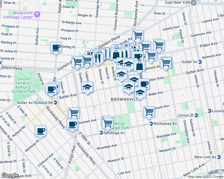 map of restaurants, bars, coffee shops, grocery stores, and more near 188 Sutter Avenue in Brooklyn