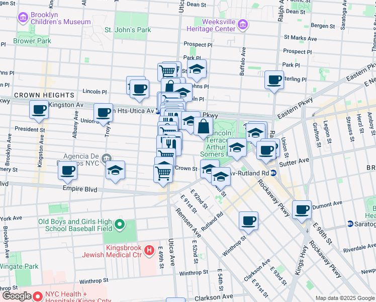 map of restaurants, bars, coffee shops, grocery stores, and more near 1710 President Street in Brooklyn