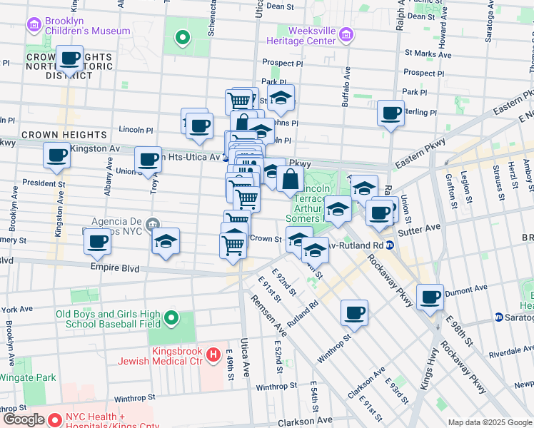 map of restaurants, bars, coffee shops, grocery stores, and more near 1710 President Street in Brooklyn