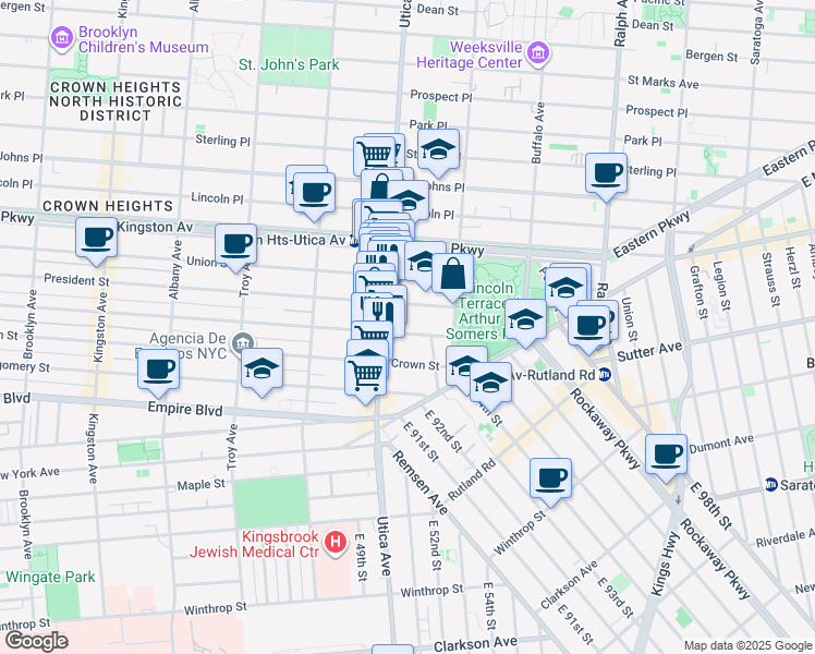 map of restaurants, bars, coffee shops, grocery stores, and more near 1710 President Street in Brooklyn