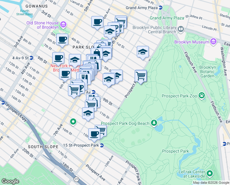 map of restaurants, bars, coffee shops, grocery stores, and more near 581 7th Street in Brooklyn
