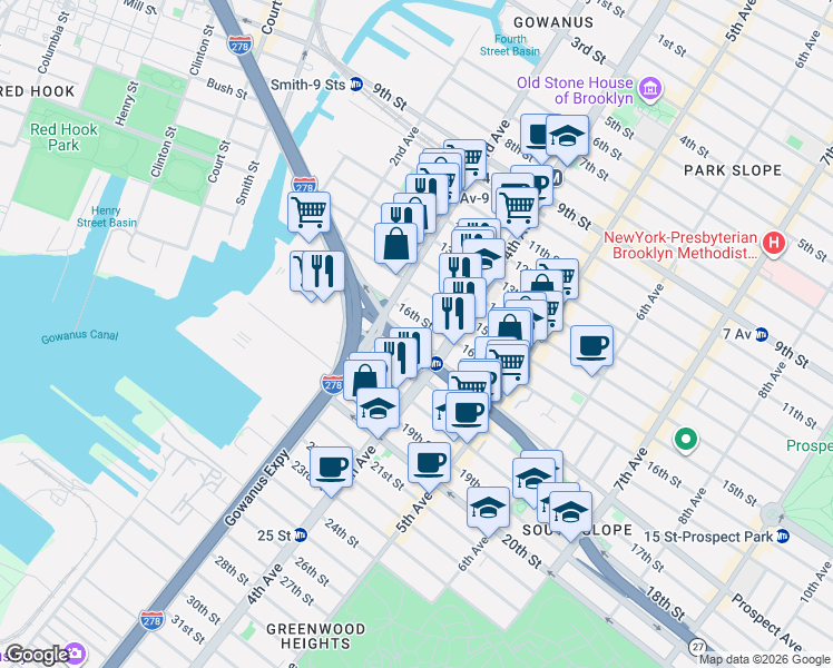 map of restaurants, bars, coffee shops, grocery stores, and more near 84 16th Street in Brooklyn