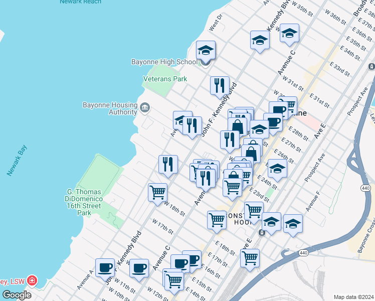 map of restaurants, bars, coffee shops, grocery stores, and more near in Bayonne