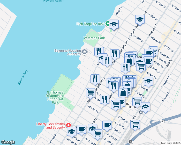 map of restaurants, bars, coffee shops, grocery stores, and more near 515 Avenue A in Bayonne