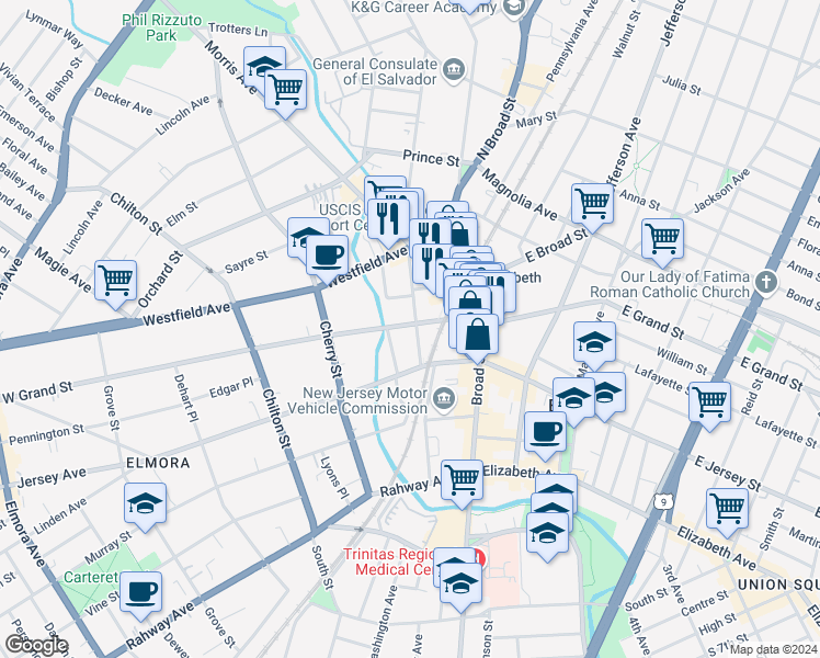 map of restaurants, bars, coffee shops, grocery stores, and more near 33 West Grand Street in Elizabeth
