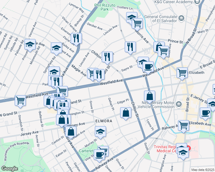 map of restaurants, bars, coffee shops, grocery stores, and more near 268 New Jersey 28 in Elizabeth