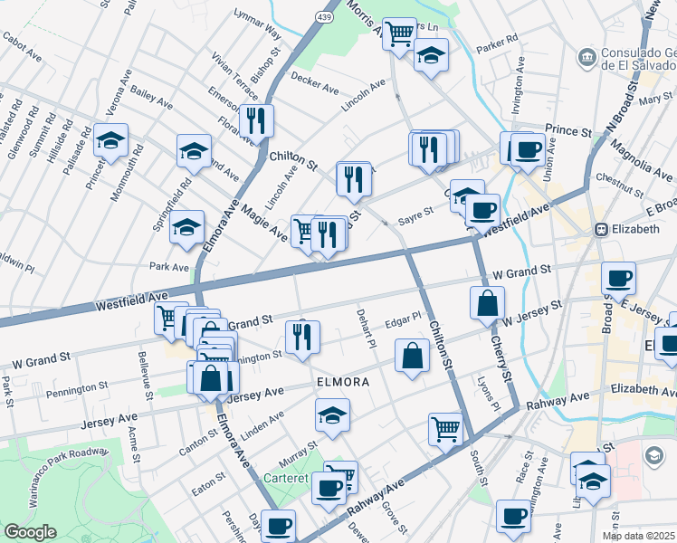 map of restaurants, bars, coffee shops, grocery stores, and more near 268 New Jersey 28 in Elizabeth