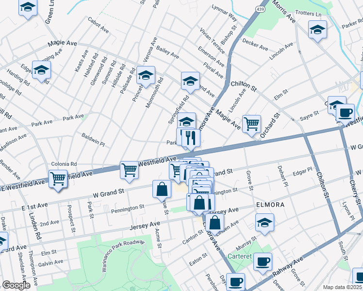 map of restaurants, bars, coffee shops, grocery stores, and more near 617 Park Avenue in Elizabeth