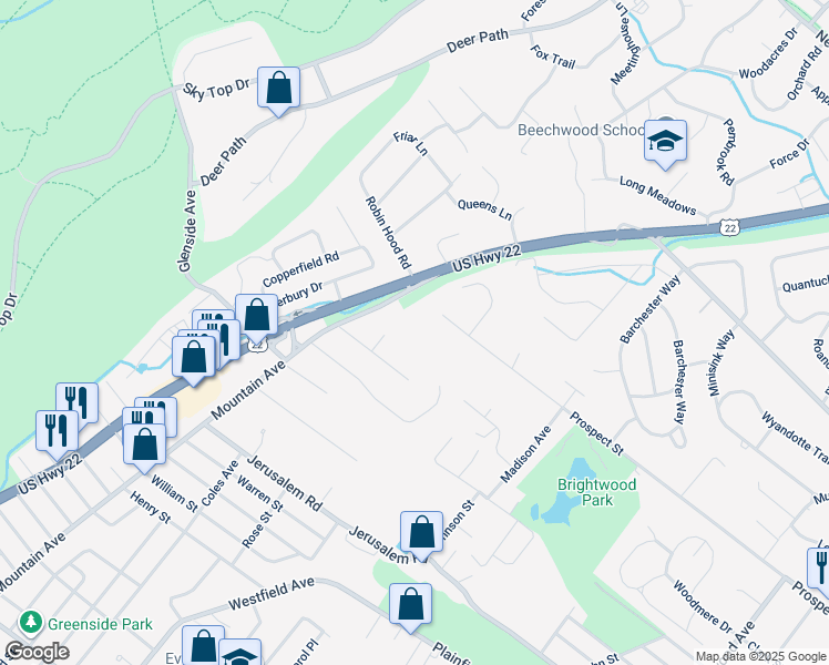 map of restaurants, bars, coffee shops, grocery stores, and more near 7 Archer Lane in Scotch Plains