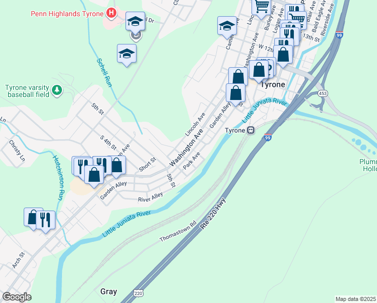 map of restaurants, bars, coffee shops, grocery stores, and more near 615 Washington Avenue in Tyrone
