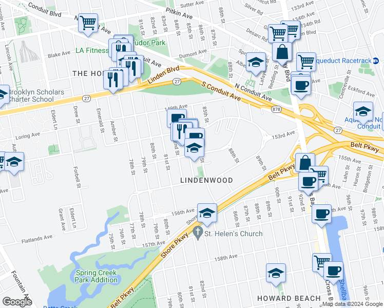 map of restaurants, bars, coffee shops, grocery stores, and more near 8237 153rd Avenue in Queens