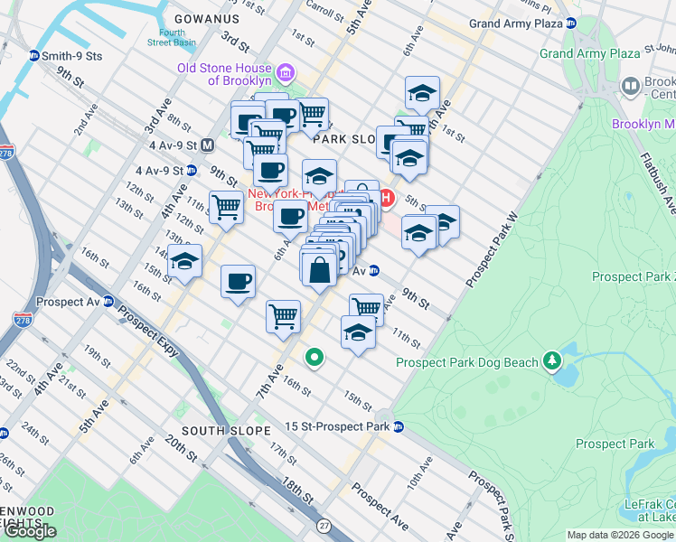 map of restaurants, bars, coffee shops, grocery stores, and more near 7th Ave & 10th St in Brooklyn