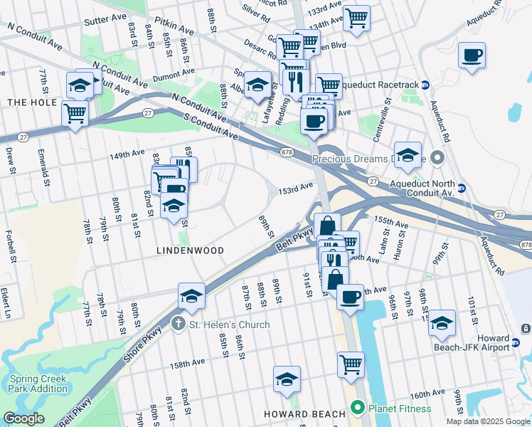 map of restaurants, bars, coffee shops, grocery stores, and more near 59 155th Avenue in Queens