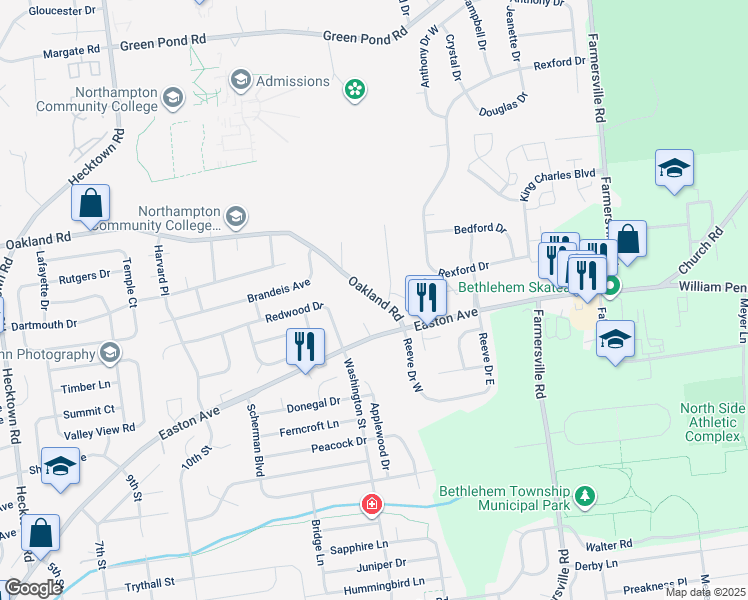 map of restaurants, bars, coffee shops, grocery stores, and more near 4146 Oakland Road in Bethlehem