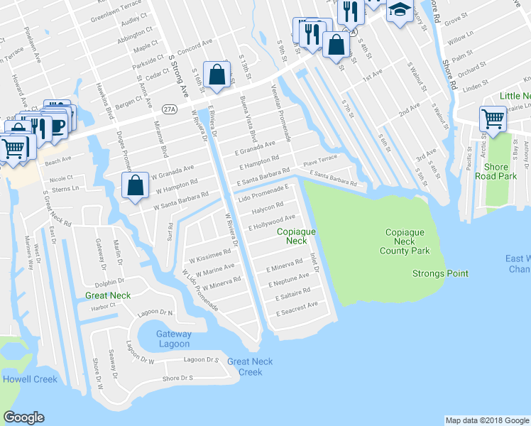 map of restaurants, bars, coffee shops, grocery stores, and more near 55 Halycon Road in Lindenhurst