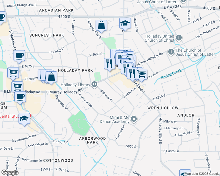 map of restaurants, bars, coffee shops, grocery stores, and more near 2220 East Murray Holladay Road in Holladay