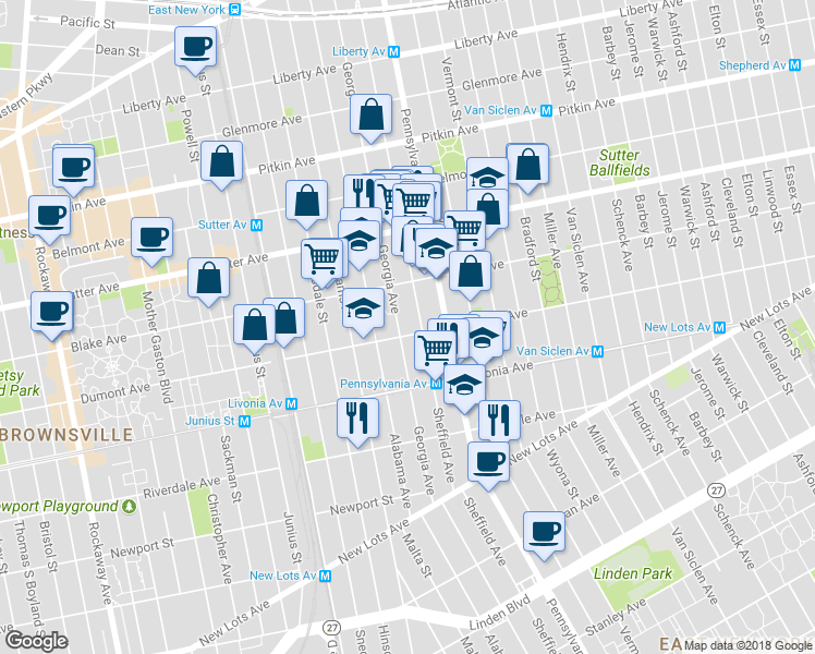 map of restaurants, bars, coffee shops, grocery stores, and more near 427 Georgia Avenue in Brooklyn
