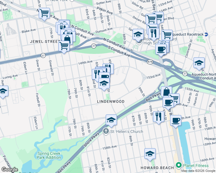 map of restaurants, bars, coffee shops, grocery stores, and more near 84-20 153rd Avenue in Queens