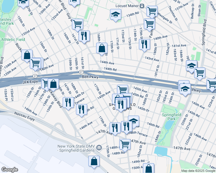 map of restaurants, bars, coffee shops, grocery stores, and more near 177-4 Meadow Road in Queens