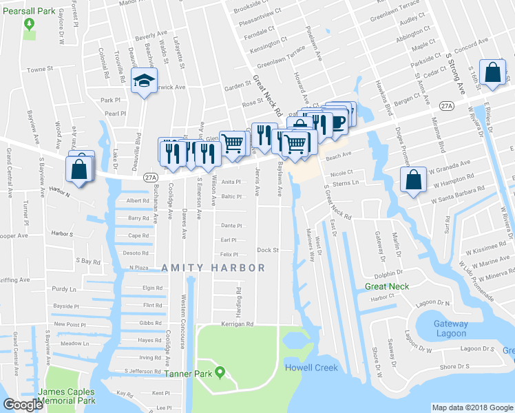 map of restaurants, bars, coffee shops, grocery stores, and more near 101 Jervis Avenue in Copiague