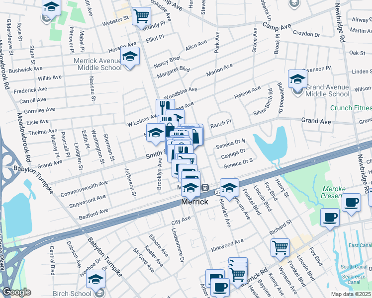 map of restaurants, bars, coffee shops, grocery stores, and more near 2049 Smith Street in Merrick