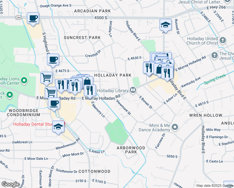 map of restaurants, bars, coffee shops, grocery stores, and more near 2101 East Murray Holladay Road in Salt Lake City