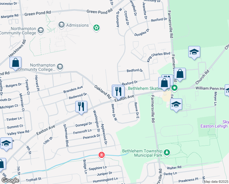 map of restaurants, bars, coffee shops, grocery stores, and more near 4195 Park Pl in Bethlehem