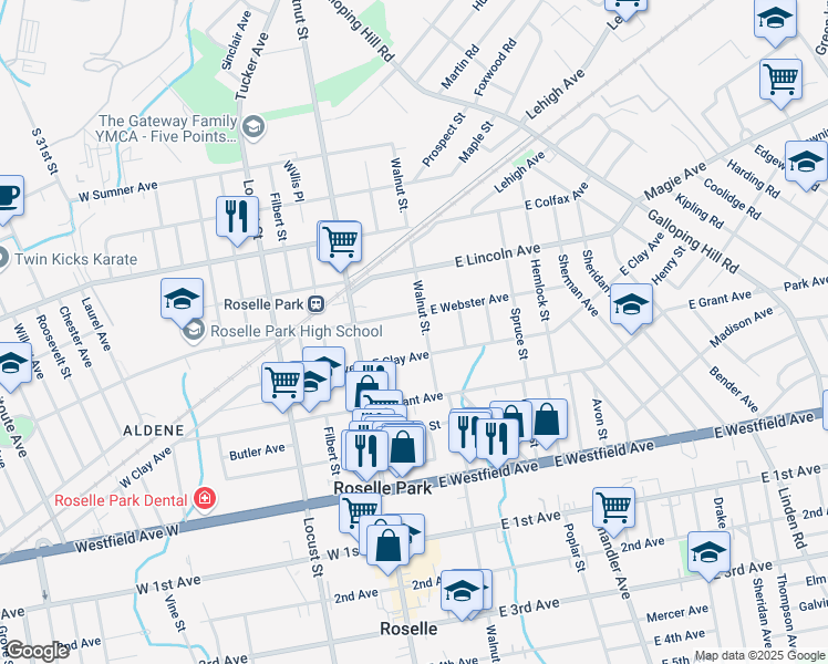 map of restaurants, bars, coffee shops, grocery stores, and more near 36 East Webster Avenue in Roselle Park