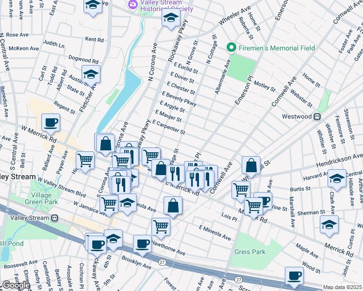 map of restaurants, bars, coffee shops, grocery stores, and more near 81 North Cottage Street in Valley Stream