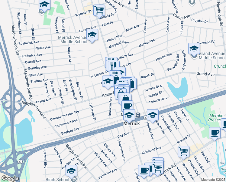 map of restaurants, bars, coffee shops, grocery stores, and more near 12 Smith Street in Merrick