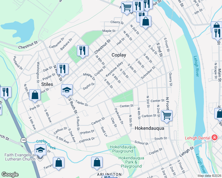 map of restaurants, bars, coffee shops, grocery stores, and more near 110 South 9th Street in Coplay