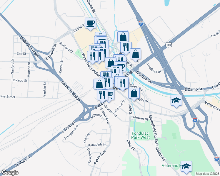 map of restaurants, bars, coffee shops, grocery stores, and more near in East Peoria