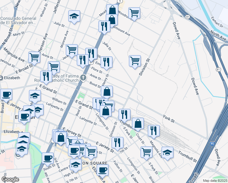 map of restaurants, bars, coffee shops, grocery stores, and more near 847 Bond Street in Elizabeth