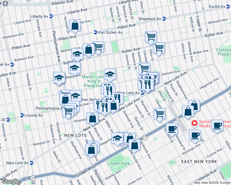 map of restaurants, bars, coffee shops, grocery stores, and more near 578 Schenck Avenue in Brooklyn