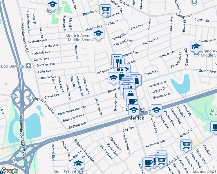 map of restaurants, bars, coffee shops, grocery stores, and more near 14 Court Street in Merrick